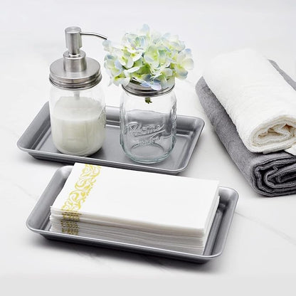 Vintage Farmhouse Decor Metal Vanity Tray (1 Pack),Countertop Guest Hand Towel Storage Organizer Tray Dispenser, Sturdy Holder for Perfume, Cosmetics, Jewelry, Makeup Bathroom Organizer (Silver)