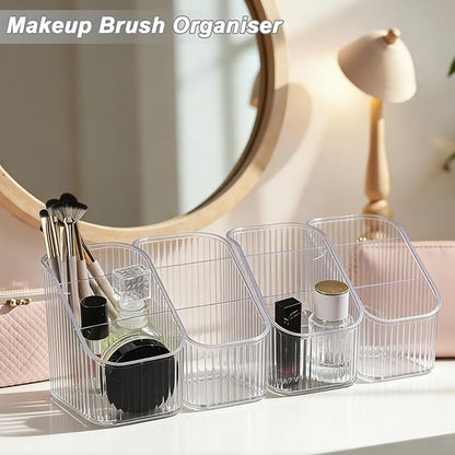 4 Pcs 3 Slot Makeup Brush Holder, Vintage striped Make Up Brush Holder Cosmetic Brushes Container Cosmetic Display Case for Vanity Decor Perfume Hairbrush Desk Accessories, Clear