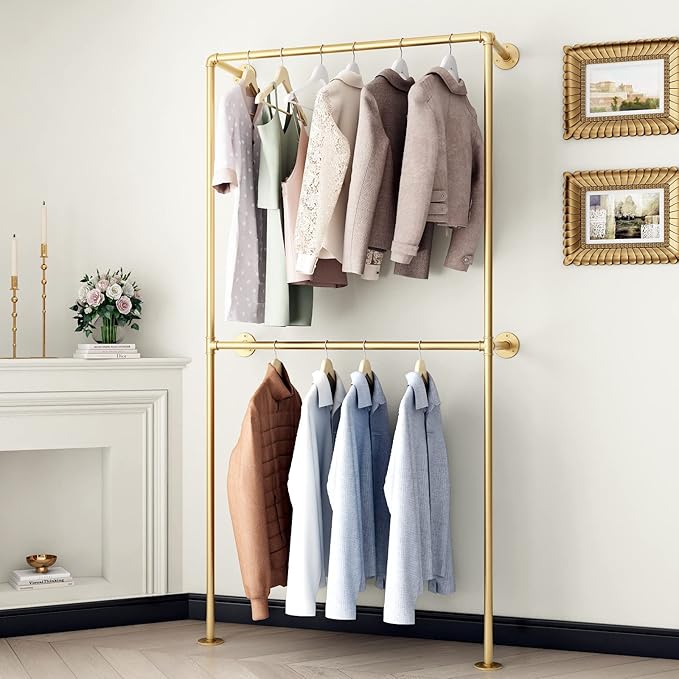 Gold Clothing Racks Wall Mount Clothes Rack, Heavy Duty Industrial Pipe Clothing Rack Retail Display Hanging Rod for Closet Storage, Laundry Room(Gold)
