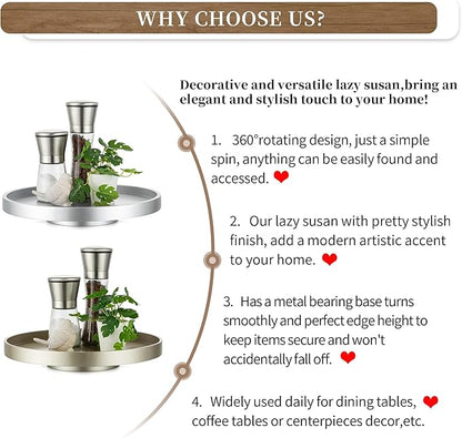 Hanobe Lazy Susan Bathroom Tray: Decorative Round Table Centerpieces 12 inch Turntable Organizer for Countertop Dining Room Kitchen Pantry Champagne Sliver