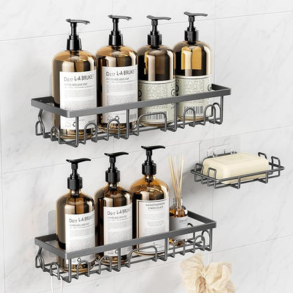 Shower Caddy, 3 Pack Shower Shelves for Inside Bathroom, Rustproof Adhesive Bathroom Organizer with Soap Holder, No Drilling Washroom Organizers and Storage for Bathtub Room/Kitchen/Home, Grey