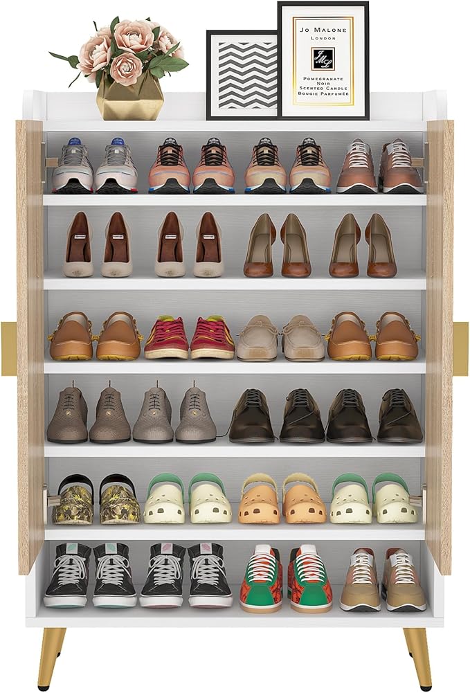 LITTLE TREE Shoe Cabinet with Doors & Adjustable Shelves, 7-Tier Modern Free Standing Shoe Racks Storage Organizer for Entryway, Living Room, Bedroom, Apartments