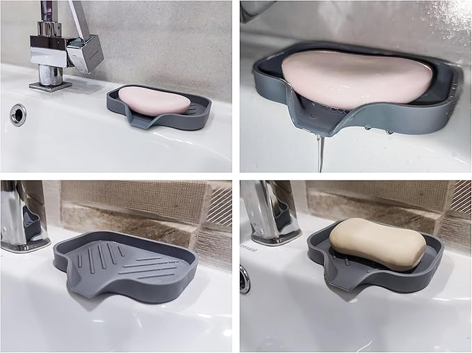 2 Pcs Grey Silicone Self Draining Rectangular Soap Dishes - Waterfall Soap Trays - Soap Dishes for Bar Soap - Soap Boxes - Soap Case - Soap Container - Soap Pads - Kitchen Sink - Shower - Bathroom