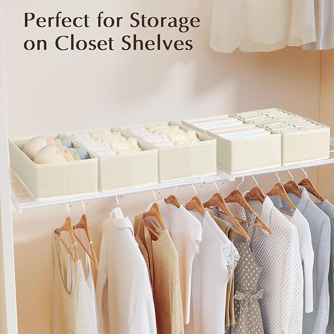 DIMJ Drawer Organizers Clothes, Set of 16 Dresser Organizer Bins, Fabric Closet Organizers and Storage, Shallow Drawer Dividers for Nursery, Clothing, Baby Clothes, Socks, Underwears, Tie (Beige)