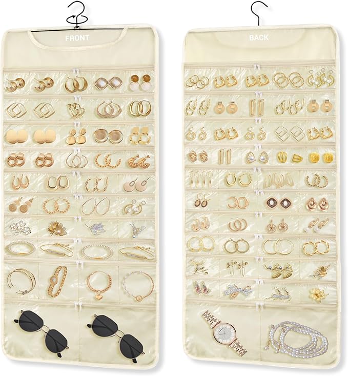 FOREGOER Hanging Jewelry Organizer with 88 Zippered Pockets, Dustproof Foldable for Travel, Accessories Organizer for Holding Jewelries Earring Organizers and Storage (Beige)