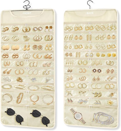 FOREGOER Hanging Jewelry Organizer with 88 Zippered Pockets, Dustproof Foldable for Travel, Accessories Organizer for Holding Jewelries Earring Organizers and Storage (Beige)