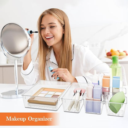 SpaceHacks 25 PCS Plastic Drawer Organizer Set, 4-Size Versatile Organizer Trays & Storage Bins for Makeup, Jewelry, and Gadgets in Bathroom, Bedroom and Office,Clear White