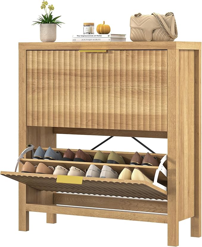 YOMILUVE Shoe Cabinet Storage for Entryway, Fluted Shoe Cabinet with 2 Flip Drawers, Hidden Shoe Rack Tall Freestanding Shoe Organizer with Legs for Hallway, Oak