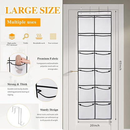 GOMAJI 12 Large Breathable Mesh Pockets, Over The Door Shoe Organizer, Boots Hanging Storage Shoe Rack for Closet, Accessories - - White
