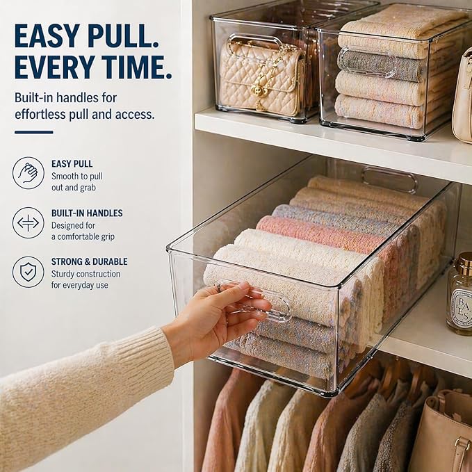 MOONEDGE Open Clear Plastic Storage Bins Stackable Organizer Containers with Handles for Kitchen, Pantry, Fridge, Cabinet, Closet Storage & Home Organization 6 Pack（11 x 8 x 6 in）