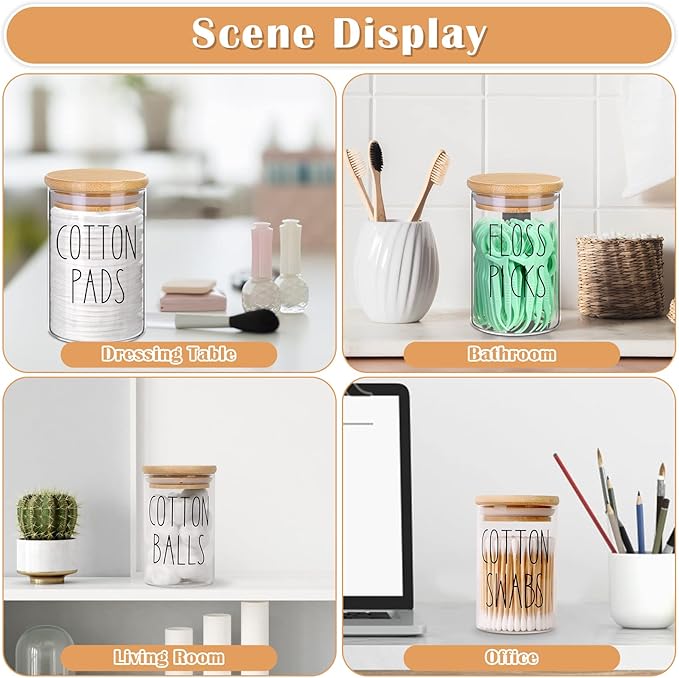 ROADPLUM Qtip Holder Bathroom Set, 4 Pack 10 oz Glass Bathroom Jars with Lid, Glass Organizers/Canisters/Apothecary Jars for Q-tip, Cotton Ball, Floss Pick and Makeup Storage