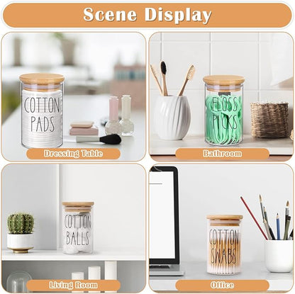 ROADPLUM Qtip Holder Bathroom Set, 4 Pack 10 oz Glass Bathroom Jars with Lid, Glass Organizers/Canisters/Apothecary Jars for Q-tip, Cotton Ball, Floss Pick and Makeup Storage