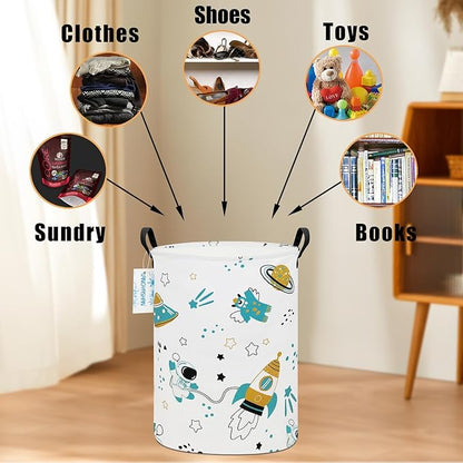 Storage Bin, Canvas Fabric Collapsible Organizer Basket for Laundry Hamper,Toy Bins,Gift Baskets, Bedroom, Clothes,Baby Nursery (Round space astronaut)