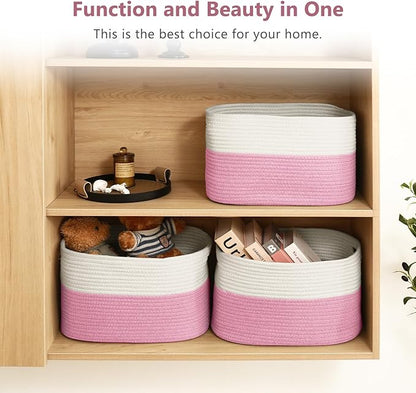 ECDYQXVU Cotton Rope Shelf Storage Basket, 15x10x9 in, Shelf Storage Baskets for Clothes, Towels, Books, Laundry (White/ Pink, 2 Pack)