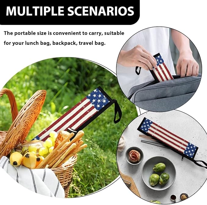 Cutlery Storage Bag Travel Silverware Cloth Bags for Travel Tableware Carrying Bag Travel Silverware Case Utensil Pouch Utensil Case,US Flag Blue and Red
