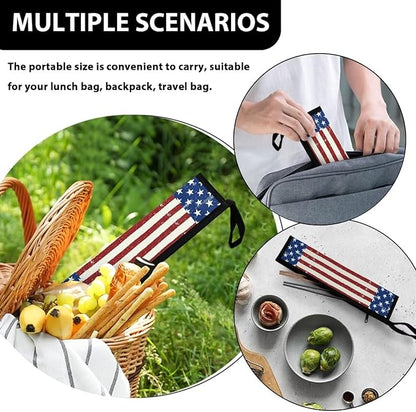 Cutlery Storage Bag Travel Silverware Cloth Bags for Travel Tableware Carrying Bag Travel Silverware Case Utensil Pouch Utensil Case,US Flag Blue and Red