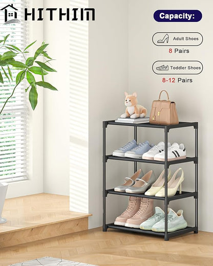 HITHIM 4 Tiers Small Shoe Rack,Narrow Stackable Shoe Shelf Organizer,Sturdy Shoe Stand, Non-Woven Fabric Metal Shoe Racks for Entryway, Doorway and Bedroom Closet