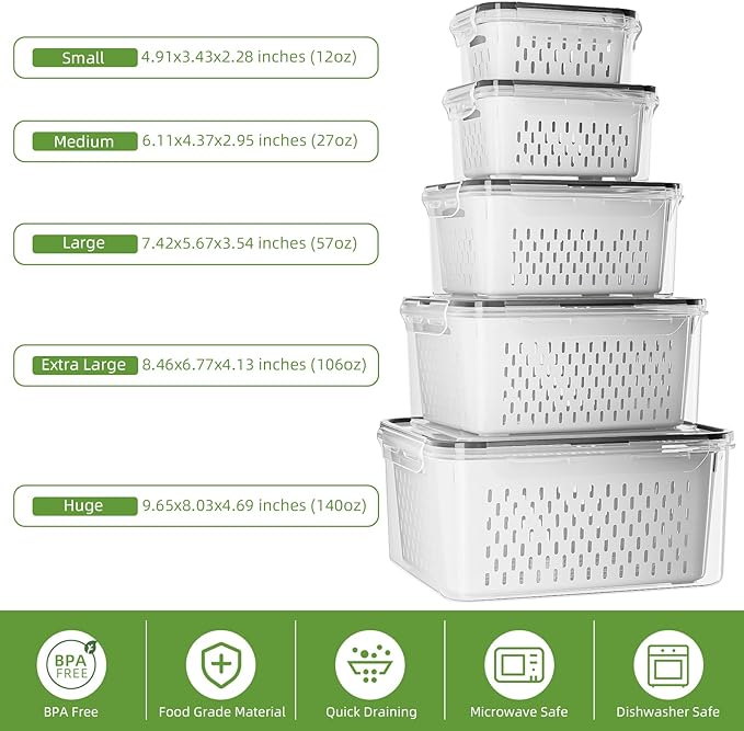 KEMETHY 5 Pack Fruit Storage Containers for Fridge with Removable Colanders - Food Storage Containers with Lids, BPA-Free Produce Containers Keep Fruits, Vegetables, Berry, Meat Fresh Longer
