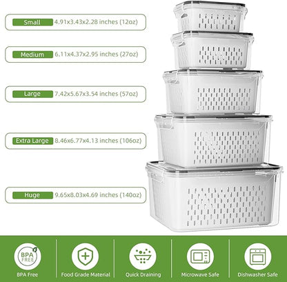 KEMETHY 5 Pack Fruit Storage Containers for Fridge with Removable Colanders - Food Storage Containers with Lids, BPA-Free Produce Containers Keep Fruits, Vegetables, Berry, Meat Fresh Longer
