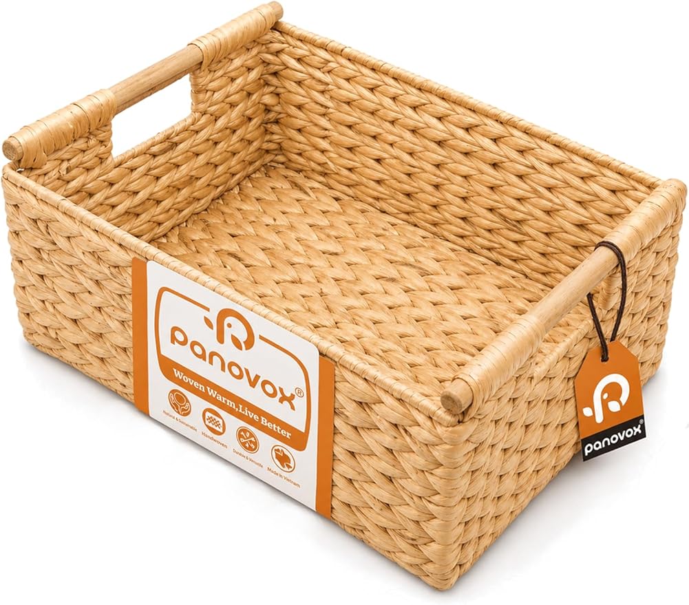 Water Hyacinth Wicker Basket, 15.43*11.02*6.3 Inch Woven Basket with Handles, Wooden Handles Wicker Storage Basket, Rattan Basket for Decorative Baskets, Pantry, Shelves, Gift, Toys - Large