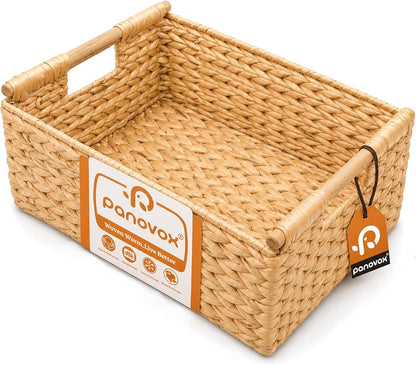 Water Hyacinth Wicker Basket, 15.43*11.02*6.3 Inch Woven Basket with Handles, Wooden Handles Wicker Storage Basket, Rattan Basket for Decorative Baskets, Pantry, Shelves, Gift, Toys - Large