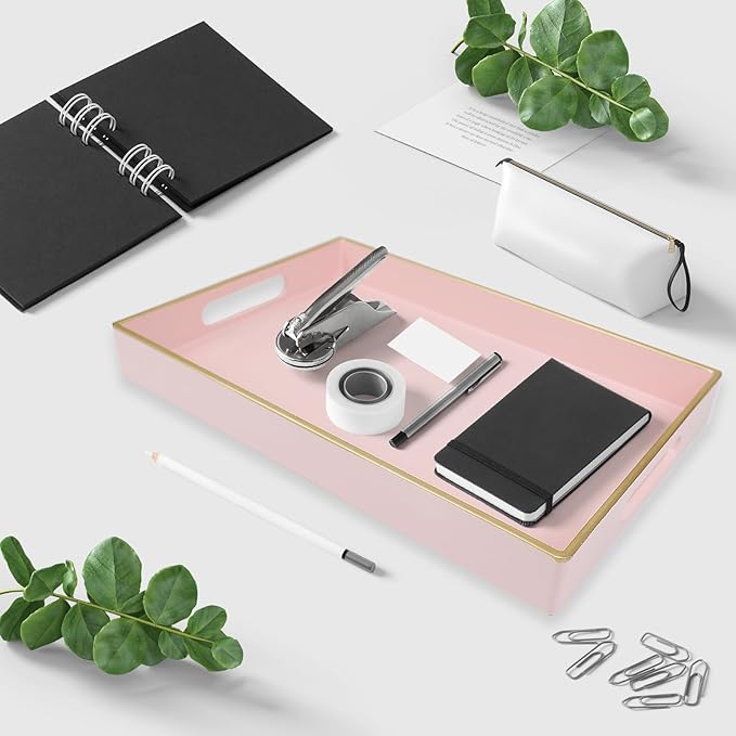 Spsyrine Pink Bathroom Vanity Tray with Handles for Dresser Tops, Countertop, Perfume Decorative Tray, 11.8” * 7.87” *1.37”