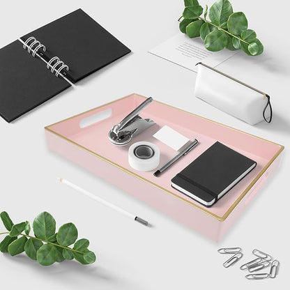 Spsyrine Pink Bathroom Vanity Tray with Handles for Dresser Tops, Countertop, Perfume Decorative Tray, 11.8” * 7.87” *1.37”