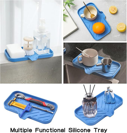 MicoYang Silicone Bathroom Soap Dishes with Drain Spout Bathroom and Kitchen Sink Organizer,Sponge Holder,Dish Soap Tray,Perfect for Dispenser,Scrubber,Bottle,Cup on Counter Lichen Blue 9.6"×5.3"