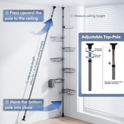 Vatex Corner Shower Caddy Tension Pole,30-120 Inch Adjustable Shower Organizer, 6-Tier Shower Shelves with Towel Rack/Toothbrush Holder/Soap Dish, Bathroom Corner Storage Rust-Resistant