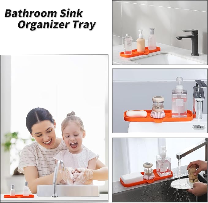 MicoYang Silicone Bathroom Soap Dishes with Drain Spout-Bathroom and Kitchen Sink Organizer,Sponge Holder,Dish Soap Tray,Perfect for Dispenser,Scrubber,Bottle,Cup on Sink or Counter-Orange 12"×4"