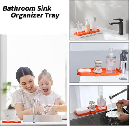 MicoYang Silicone Bathroom Soap Dishes with Drain Spout-Bathroom and Kitchen Sink Organizer,Sponge Holder,Dish Soap Tray,Perfect for Dispenser,Scrubber,Bottle,Cup on Sink or Counter-Orange 12"×4"