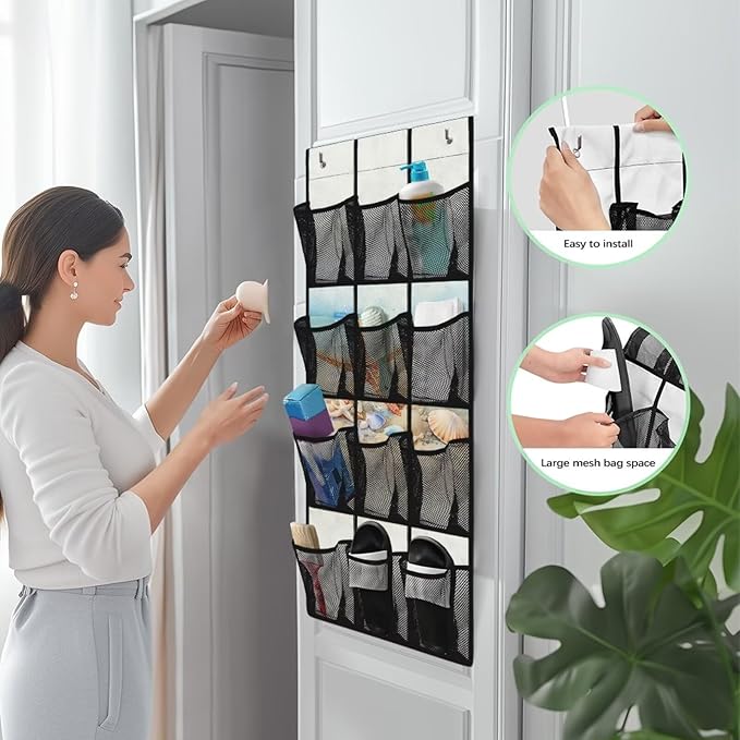 Versatile 12-Pocket Behind The Door Hanging Organizer, Made of Oxford Cloth, Waterproof Foldable and Perfect for Bathroom Bedroom Closet Storage, Beach Starfish Seashell Print