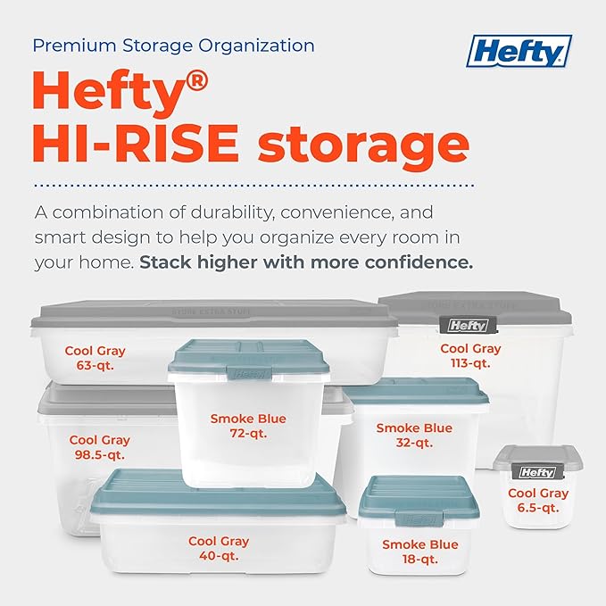 Hefty HI-RISE Stackable Storage Bins - Under Bed Storage Containers with Lids, Shoe Organizer, Plastic Storage Bins, Clear Shoe Boxes with XL Lid-Locking Latches, Durable Double Rim - 72qt (6 Pack)