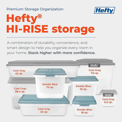 Hefty HI-RISE Stackable Storage Bins - Under Bed Storage Containers with Lids, Shoe Organizer, Plastic Storage Bins, Clear Shoe Boxes with XL Lid-Locking Latches, Durable Double Rim - 72qt (6 Pack)