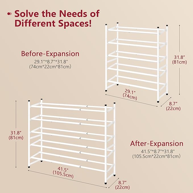 Tajsoon Expandable Shoe Rack for Closet 5 Tier, 29“-41“Adjustable & Stackable Shoe Shelf Storage, Metal Shoe Rack Organizer for Front Door Entrance, Closet, Garage, Entryway, White