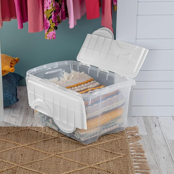 Sterilite 48 Qt Hinged Lid Storage Box, Stackable Bin with Lid, Plastic Container to Organize Home, Office, Basement, Clear with White Lid, 18-Pack