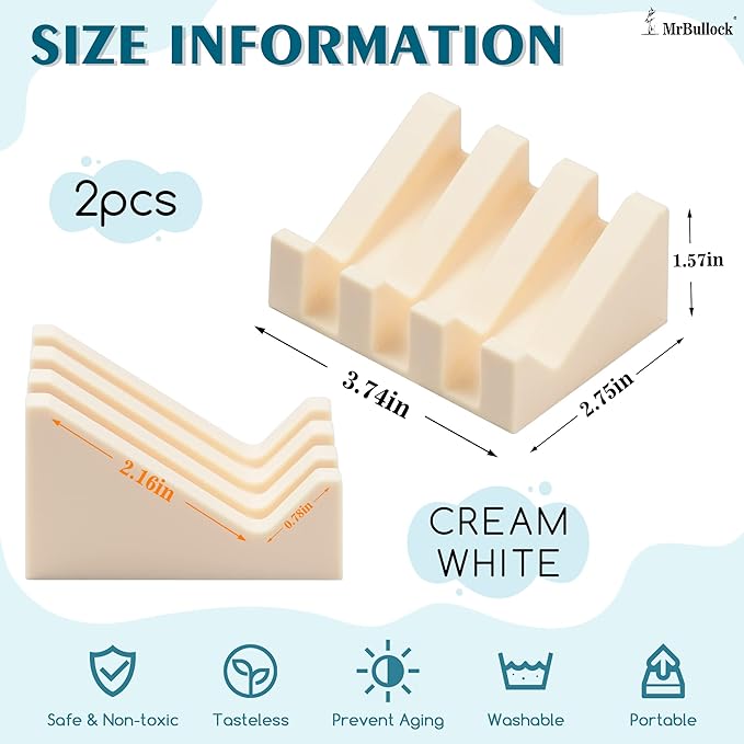 2 Pack Self Draining Silicone Soap Dish with Suction Cups - Non-Slip Bar Soap Holder for Shower & Kitchen, Waterfall Tray Keeps Soap Dry, Easy Clean, Extends Soap Life (Cream White)