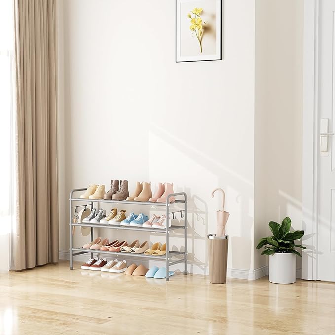 VILICK 3 Tier Shoe Rack 33" Wide Metal Shoe Organizer Long Shoe Storage with 4 Side Hooks Sturdy Shoes Shelf for Front Door Entrance, Closet, Garage, Dorm, Grey