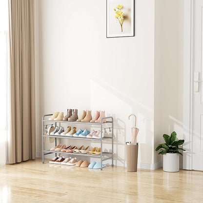 VILICK 3 Tier Shoe Rack 33" Wide Metal Shoe Organizer Long Shoe Storage with 4 Side Hooks Sturdy Shoes Shelf for Front Door Entrance, Closet, Garage, Dorm, Grey
