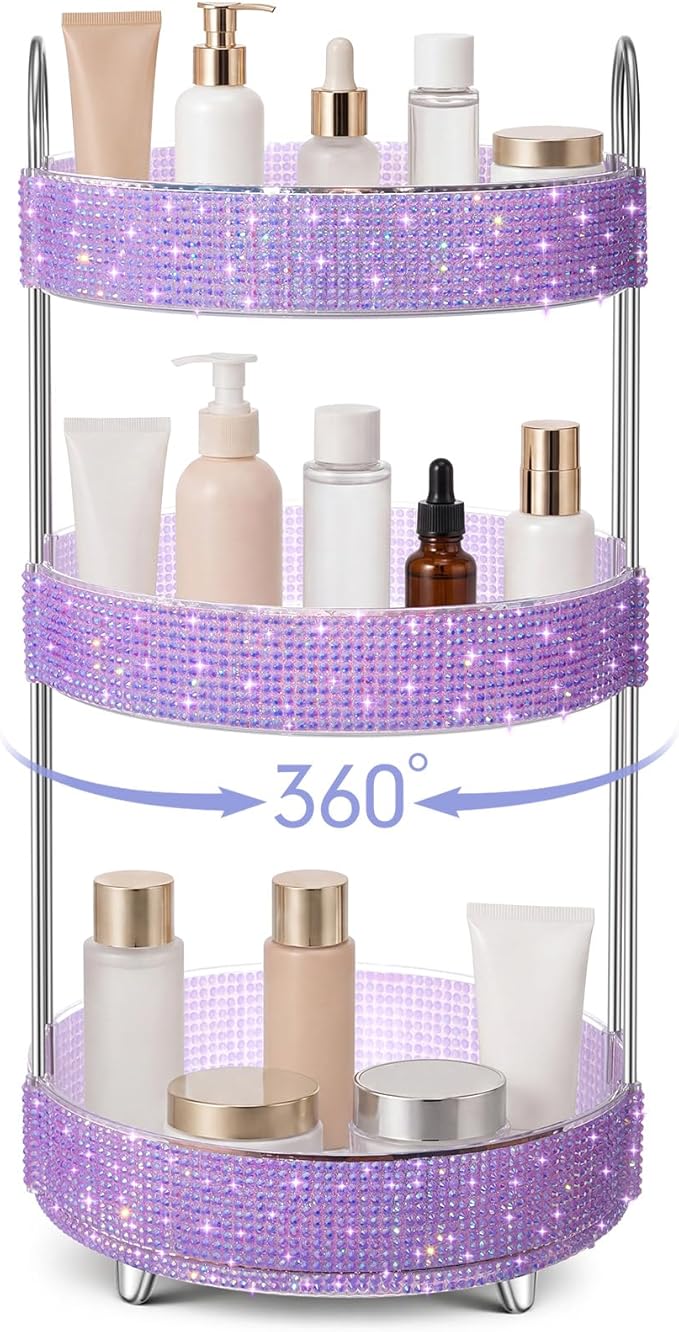 Honeydak 360 Rotating Perfume Organizer for Mother Day Nurse Day Rhinestone Bathroom Counter Organizer Makeup Holder Skincare and Perfume Storage for Cosmetic Countertop(3 Tiers,Resin Stone,Purple)