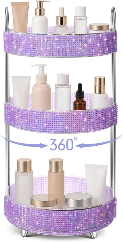 Honeydak 360 Rotating Perfume Organizer for Mother Day Nurse Day Rhinestone Bathroom Counter Organizer Makeup Holder Skincare and Perfume Storage for Cosmetic Countertop(3 Tiers,Resin Stone,Purple)