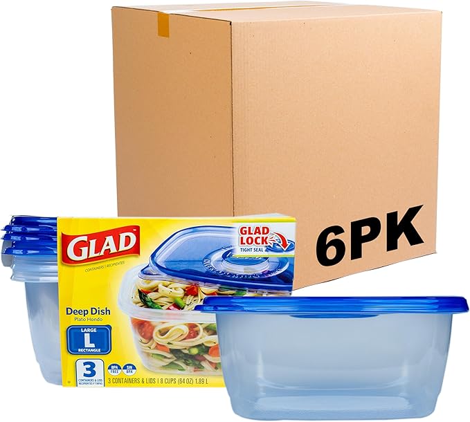 Glad GladWare Deep Dish Food Storage Containers with Lids, Large Rectangle BPA Free Plastic for Soups Salads and Meal Prep, Lock Tight Seal, Microwave Dishwasher Safe, 64 Oz, 3 Count - 6 Pack