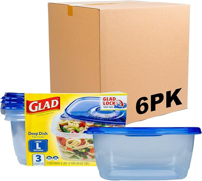 Glad GladWare Deep Dish Food Storage Containers with Lids, Large Rectangle BPA Free Plastic for Soups Salads and Meal Prep, Lock Tight Seal, Microwave Dishwasher Safe, 64 Oz, 3 Count - 6 Pack