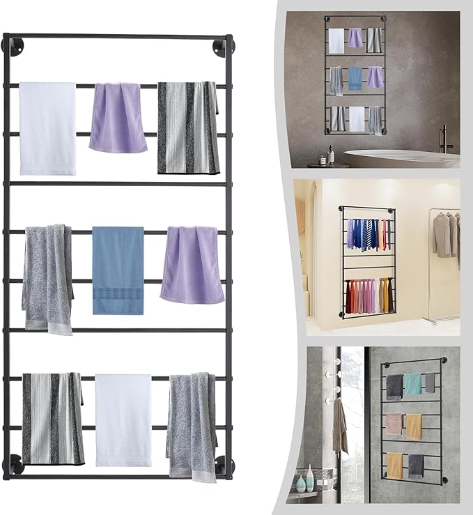 Wall Mounted Scarf Rack, 10 Tiers Display Ties & Scarf Storage Rack, Space-Saving Wrapping Paper Organizer Ribbon Holder Wall Display Rack for Flower Shops, Craft Room (Black)