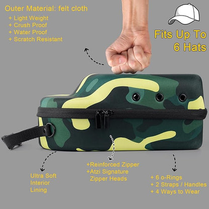GERMUN Hard baseball hat case, Hat Carrier Travel Case with Adjustable Shoulder Strap, Hat cap case for 6 Baseball Caps - Perfect for Traveling (Camo Green)