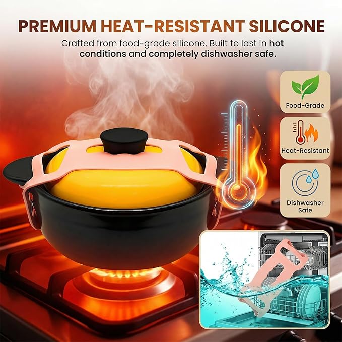 Silicone Lid Lock Strap for Crockpot Slow Cooker (6/7/8 Quart), Universal Rubber Lid Securing Strap for Soup Pots & Bento Box | Heat-Resistant, No-Spill Transport Accessories (4 Packs Pink)