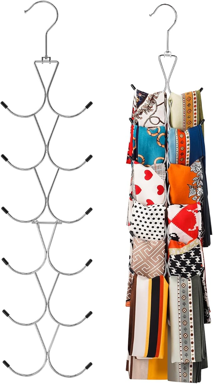 Scarf Hanger 12 Storages,Scarf Organizer with 360 Swivel Hook,Legging Organizer for Closet,Closet Organizer for Scarves, Shawl,Belt,Purse & Baseball Cap