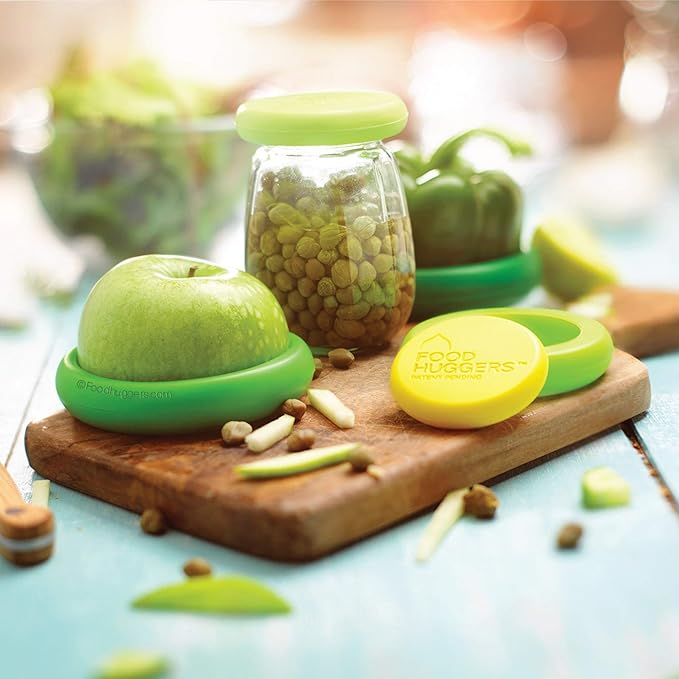 Food Huggers 5pc Reusable Silicone Food Savers | BPA Free | Plastic Free Food Storage | Dishwasher Safe | Fruit & Vegetable Storage for Onion, Tomato, Lemon, Banana & Cans | Round, Fresh Greens