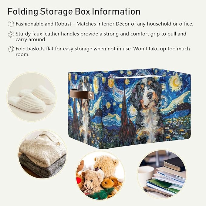 Large Storage Basket Berner Dog Starry Night Storage Bin Cube Canvas Fabric Organizer Handles Collapsible for Clothes Toys Bedroom Decorative