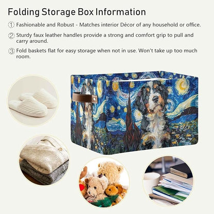 Large Storage Basket Berner Dog Starry Night Storage Bin Cube Canvas Fabric Organizer Handles Collapsible for Clothes Toys Bedroom Decorative